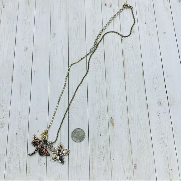 Mixed Metal Dragonfly Flower Charm Necklace - Picture 1 of 2